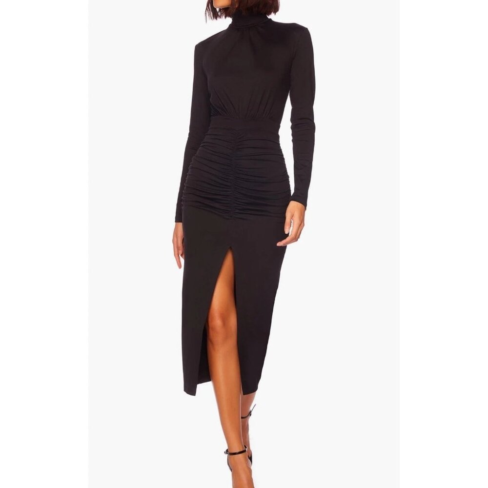 Susana Monaco Midi Dress S Midnight Navy Blue Ruched Long Sleeve Turtleneck NEW